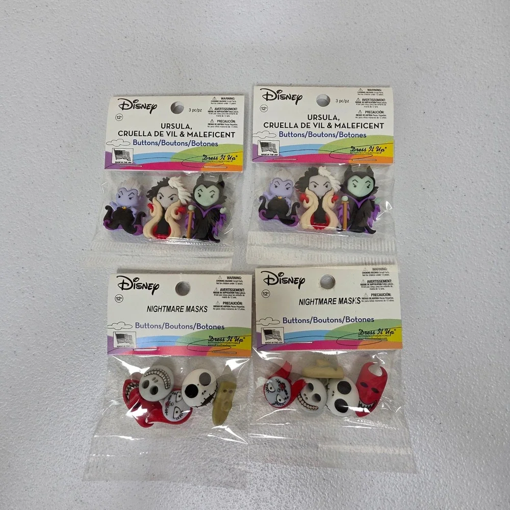 NEW Disney Buttons Lot 4pk Ursula Maleficent Cruella Nightmare Before Christmas